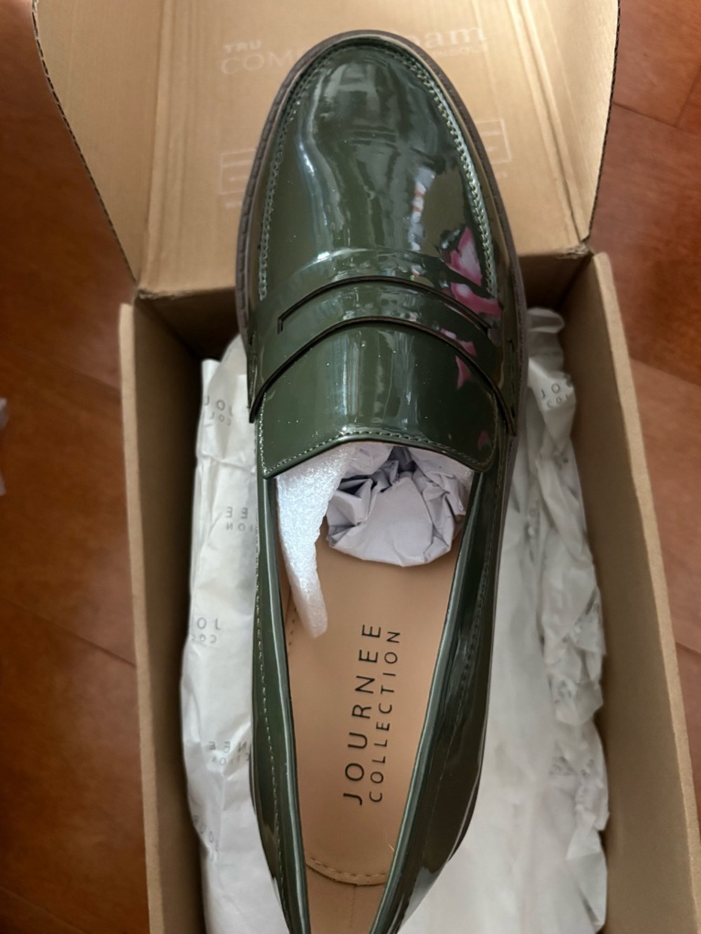 Journee Collection Glossy Olive Green Patent Loafers